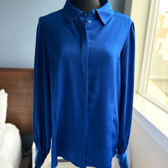 DKNY Blue Satin Button Down Hidden Button Long Sleeve Shirt - Office Siren - Picture 1 of 17